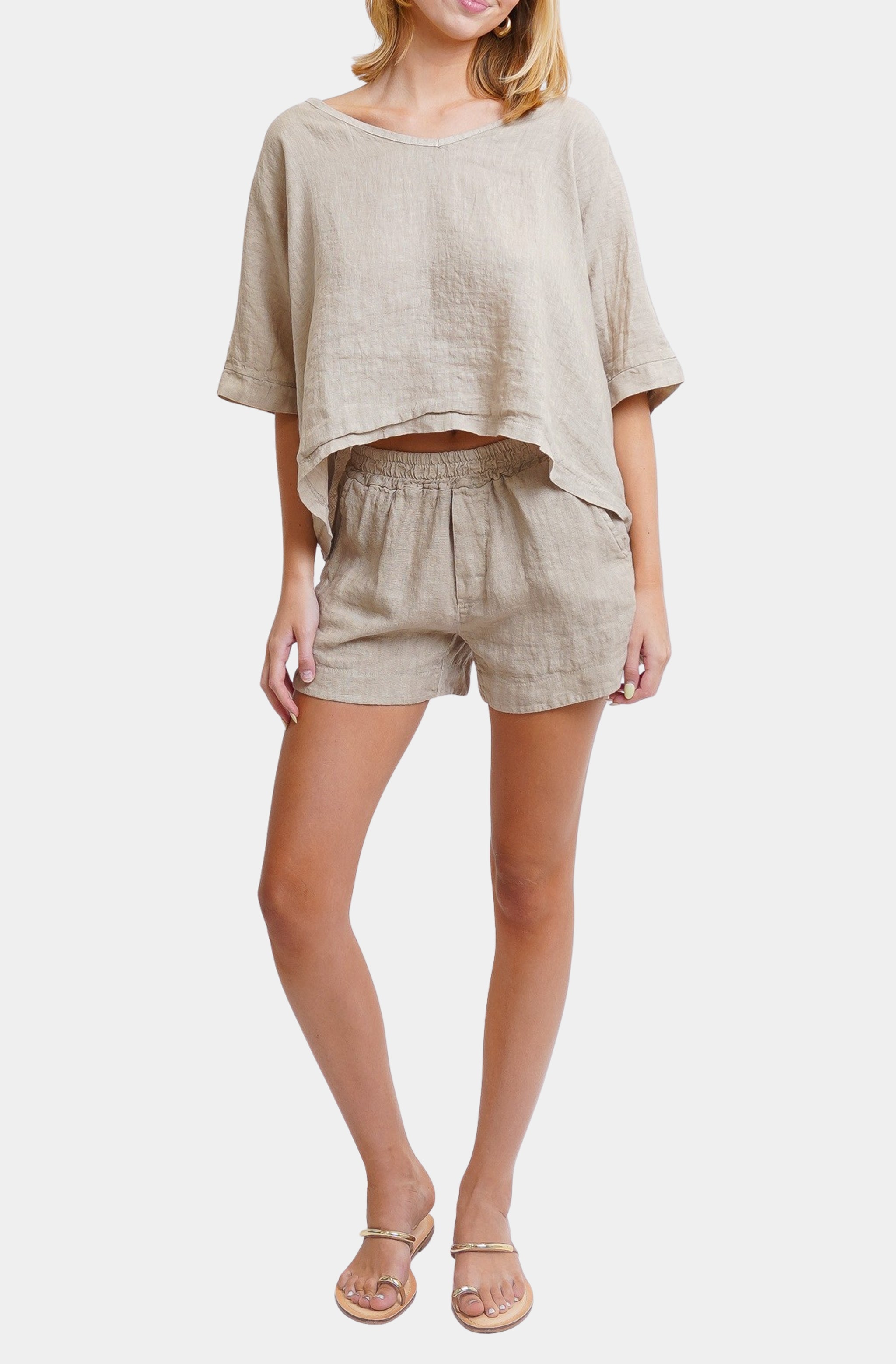 V-Neck Linen Dolman Sleeve Crop Top