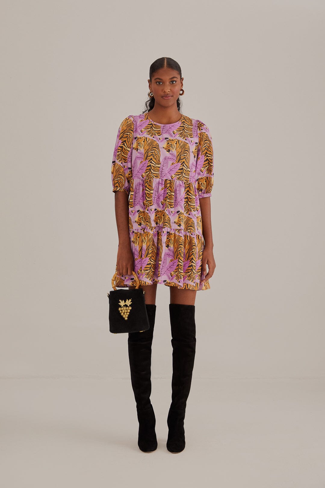 Tiger Leaves Lavander Puff Sleeve Mini Dress
