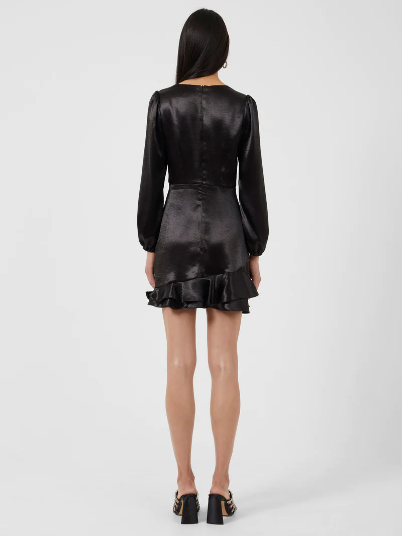 Denney Satin Long Sleeve V-Neck Dress