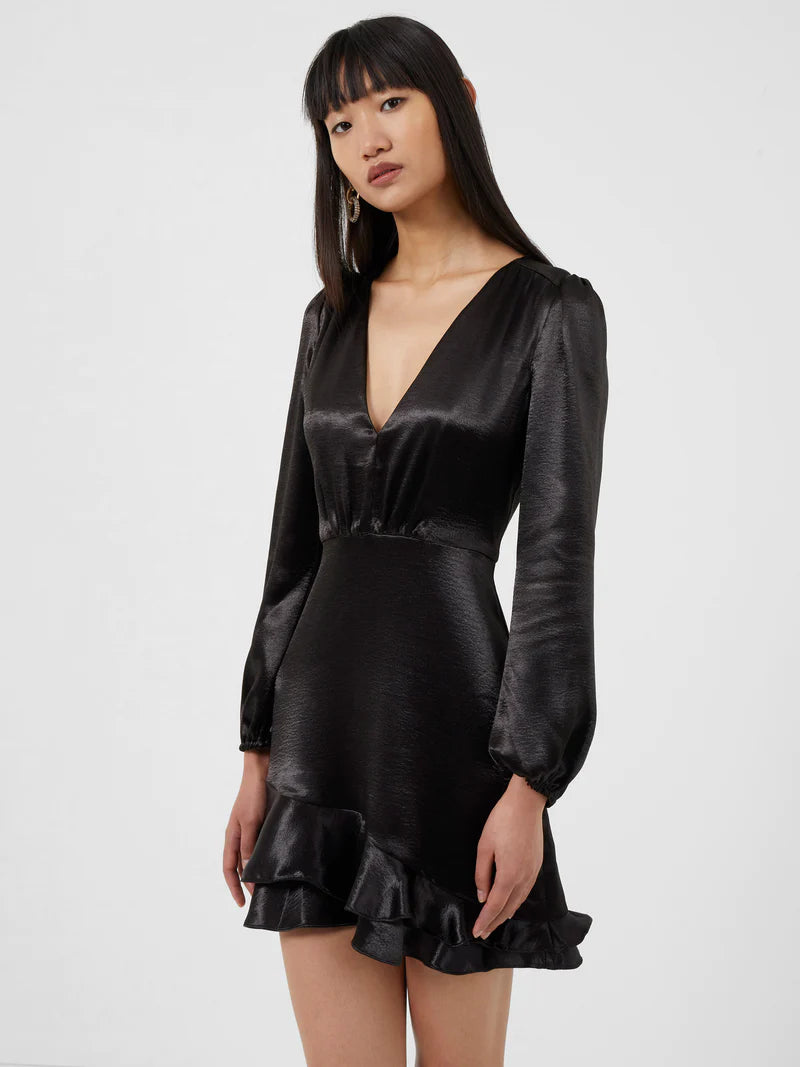 Denney Satin Long Sleeve V-Neck Dress