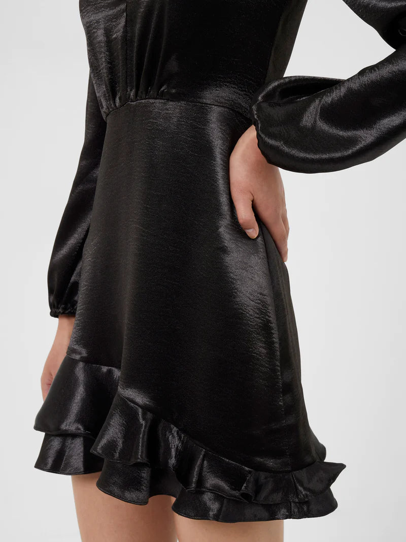 Denney Satin Long Sleeve V-Neck Dress
