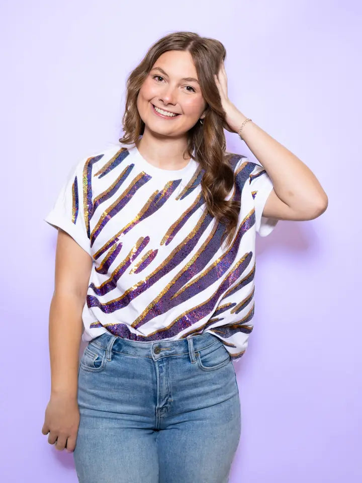 Purple and Gold tiger stripe sequin shirt