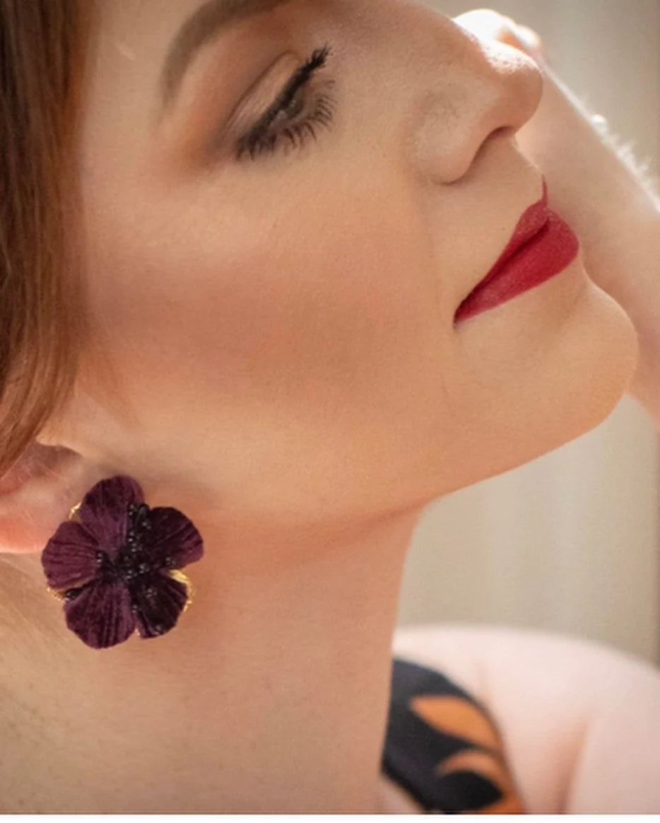 Purple Velvet Hand Cut Floral Earrings