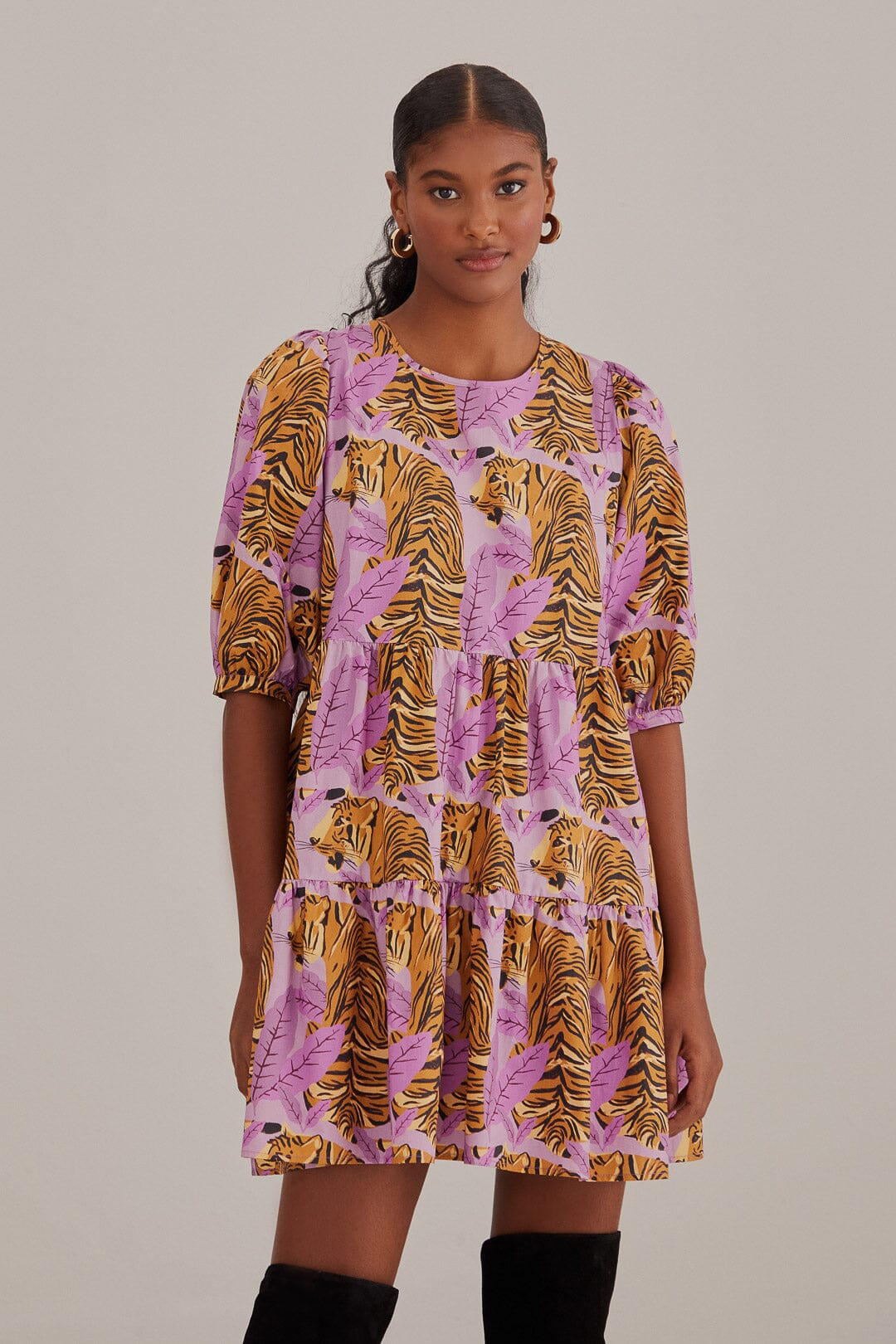 Tiger Leaves Lavander Puff Sleeve Mini Dress