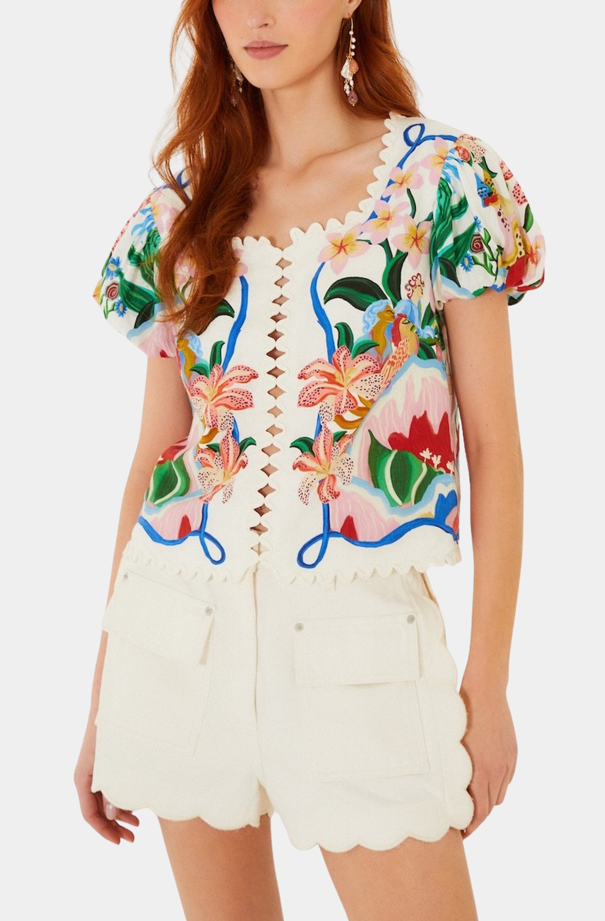 Garden Of Life Scarf Off-White Short Sleeve Blouse