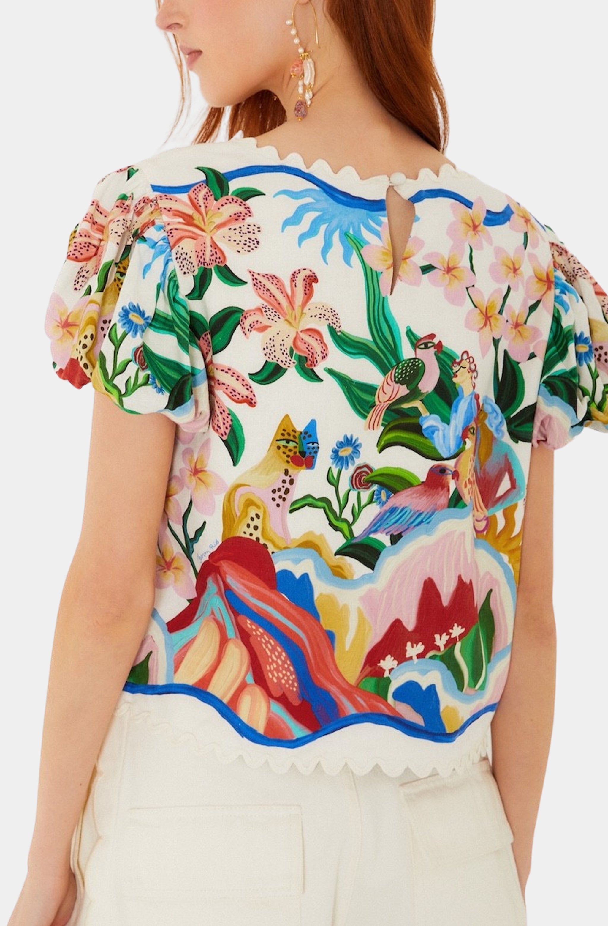 Garden Of Life Scarf Off-White Short Sleeve Blouse
