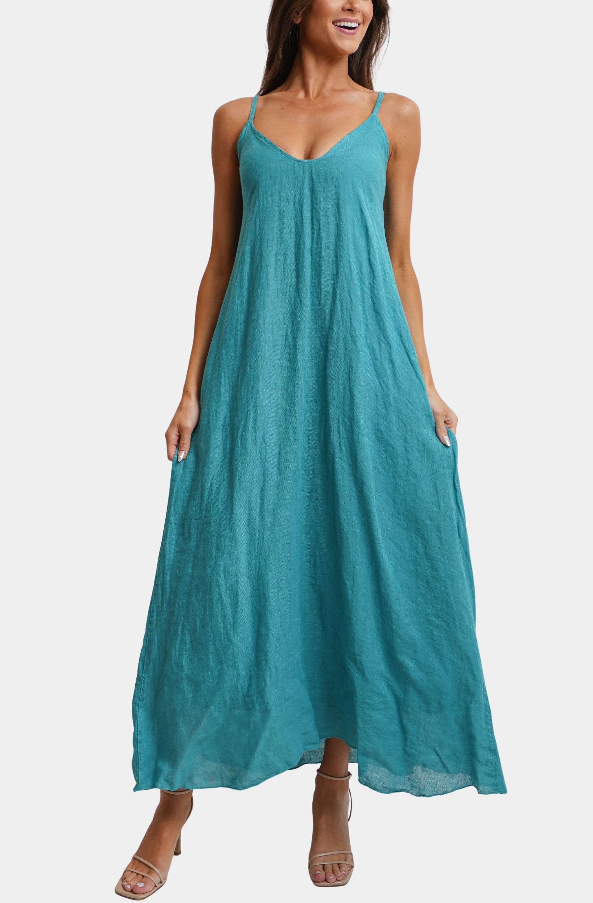 Spaghetti Adjustable Strap Maxi Dress W/Pockets