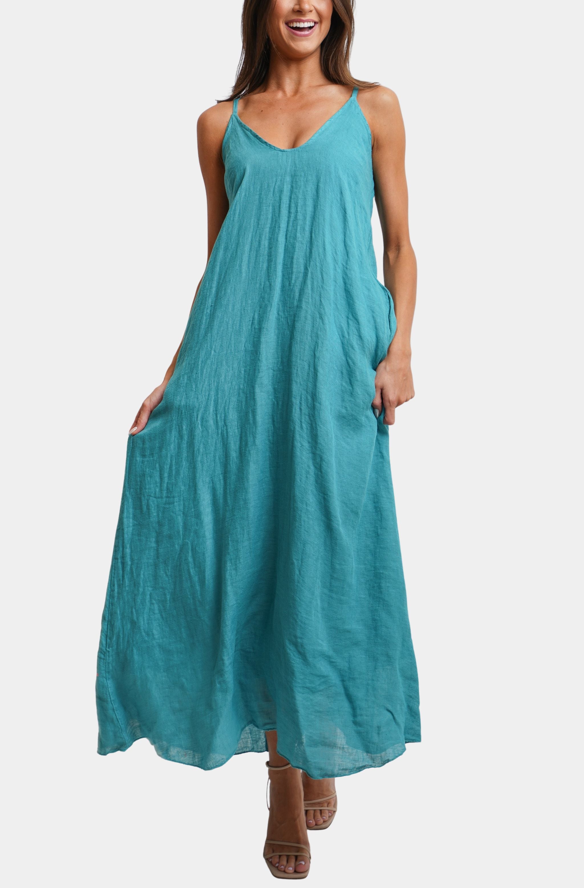 Spaghetti Adjustable Strap Maxi Dress W/Pockets