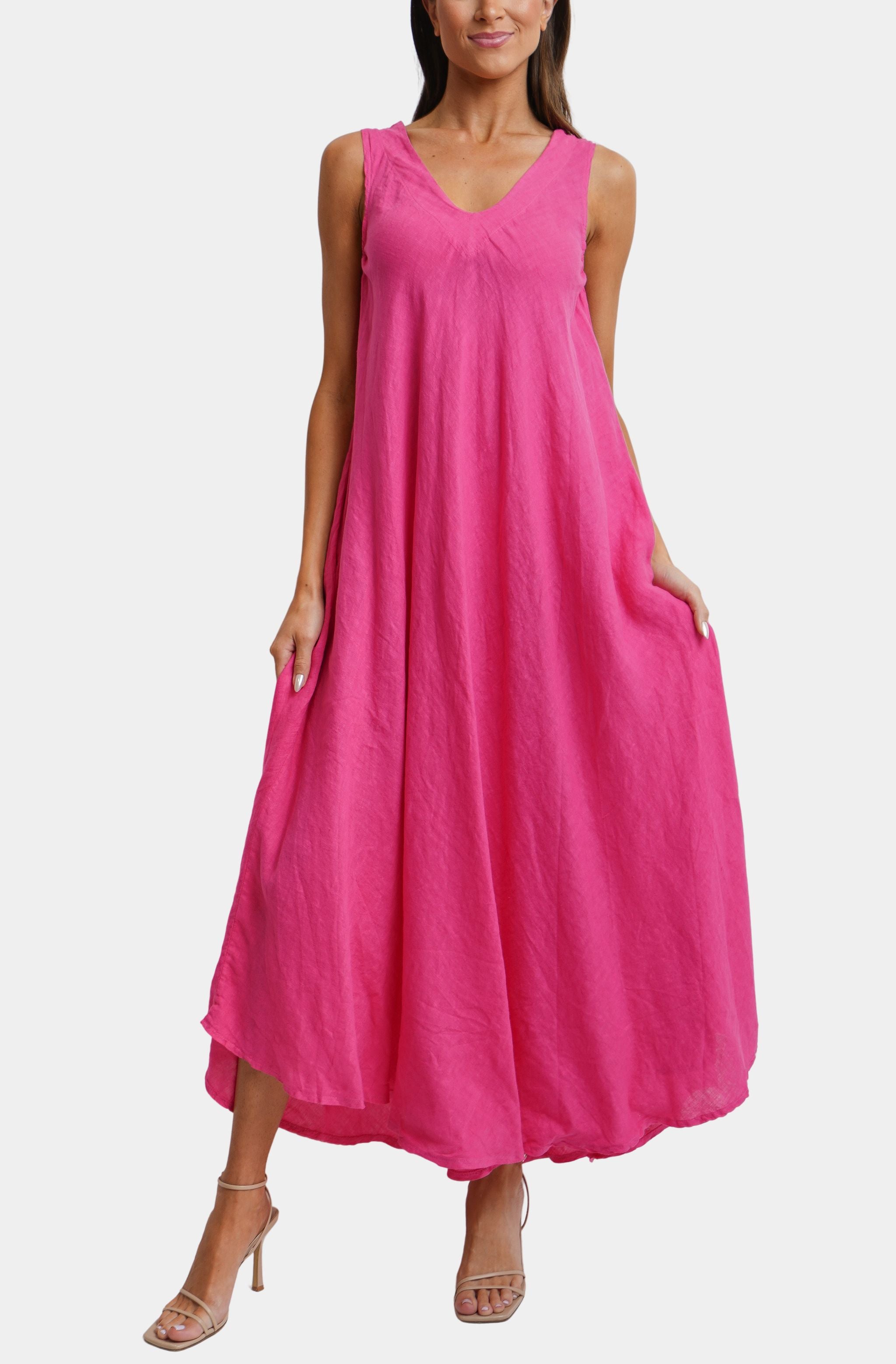 Linen V-Neck/Back Maxi Tank Dress With Pockets Hemline Highland Road Linen V-Neck/Back Maxi Tank Dress With Pockets Hemline Highland Road