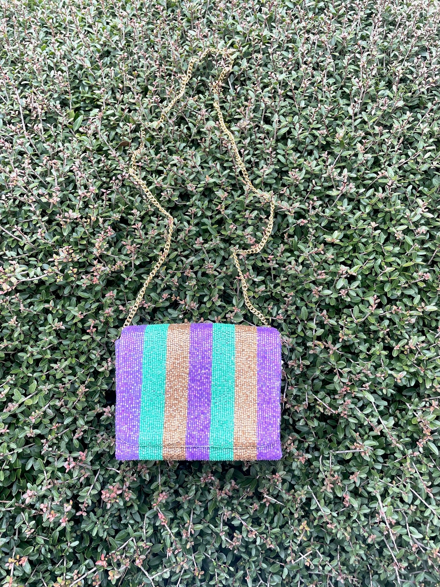 Striped Beaded Bag With Chain